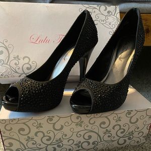 black rhinestone platform open toe heels size 8